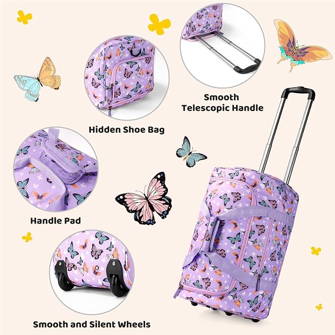 Choco Mocha Girls Teal Suitcase with Wheels Kids Rolling Duffle Bag for Camping Teen Girls Luggage Bag for Travel, 22inch