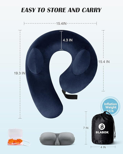 Patented Design Inflatable Travel Neck Pillow – Airplane Neck Pillow with 360° Head & Neck Support, Soft Washable Velvet Cover, Compact Neck Support Pillow for Airplane,Train,Car,Office & Home (Blue)