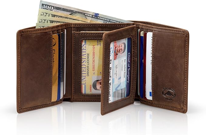 Stealth Mode Leather Trifold RFID Wallet For Men With Flip Out ID Holder (Crazy Horse Brown)