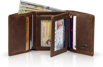 Stealth Mode Leather Trifold RFID Wallet For Men With Flip Out ID Holder (Crazy Horse Brown)
