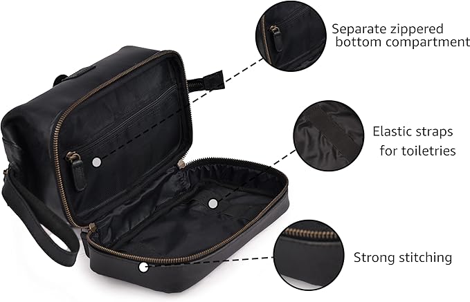 LEATHER VILLAGE Genuine Leather Dopp Kit – Large Travel Toiletry Bag with Waterproof Lining, Dual-Zip Design for Men & Women, Organizer for Shaving, Makeup & Essentials - Black