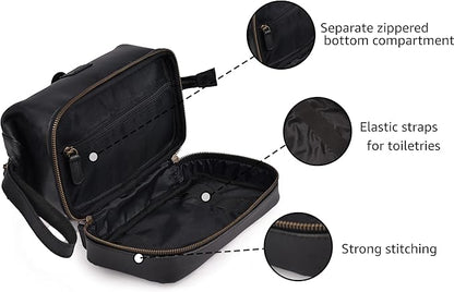 LEATHER VILLAGE Genuine Leather Dopp Kit – Large Travel Toiletry Bag with Waterproof Lining, Dual-Zip Design for Men & Women, Organizer for Shaving, Makeup & Essentials - Black