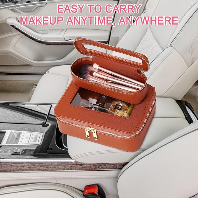 Pinkmik Travel Clear Makeup Bag with Brush Case TSA Approved Toiletry Bag Waterproof Cosmetic Organizer with Zipper Car Essential for Women (X/Brown, M+SLIM)