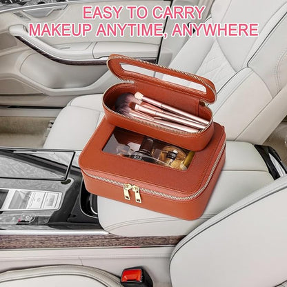 Pinkmik Travel Clear Makeup Bag with Brush Case TSA Approved Toiletry Bag Waterproof Cosmetic Organizer with Zipper Car Essential for Women (X/Brown, M+SLIM)