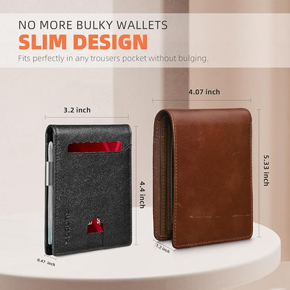 RUNBOX Slim Wallets for Men - Leather Money Clip Mens Wallet - RFID Blocking Front Pocket Bifold Wallet - Thin Credit Card Holder with Gift Box