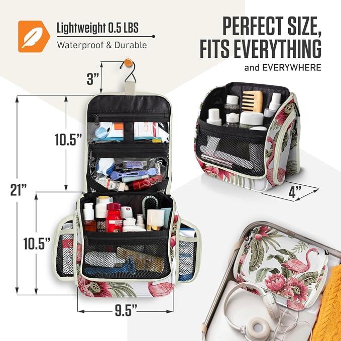 VENTURE 4TH Hanging Travel Toiletry Bag for Women & Men - Travel Organizer with Expandable Compartments & Removable Clear Pouch for Toiletries (Pink Flamingo)