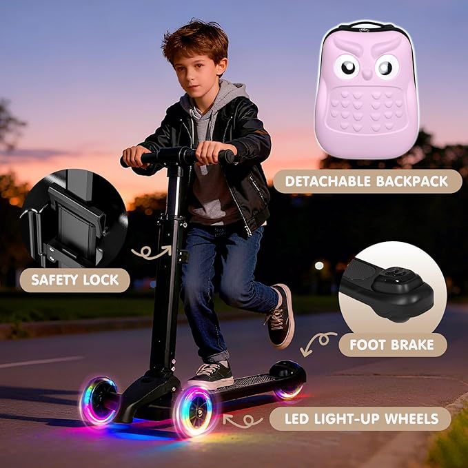 smilesun 4-in-1 Detachable Scooter Suitcase for Kids & Teens, 3D Owl/Dolphin Hardside Ride-On Luggage, Lightweight Foldable Design, Unique Travel Gift for Children(Pink Owl 22-inch)