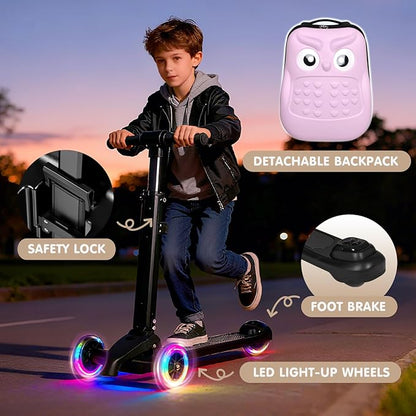 smilesun 4-in-1 Detachable Scooter Suitcase for Kids & Teens, 3D Owl/Dolphin Hardside Ride-On Luggage, Lightweight Foldable Design, Unique Travel Gift for Children(Pink Owl 22-inch)