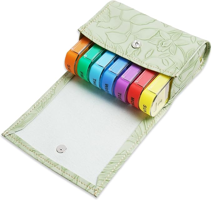 Pill Organizer,LIZIMANDU Weekly Travel Pill Case Box Medication Reminder Daily AM PM, Day Night 7 Compartments,for 4 Times A Day, 7 Days a Week-Includes Leather PU Carrying Case(1-Carved Green4)