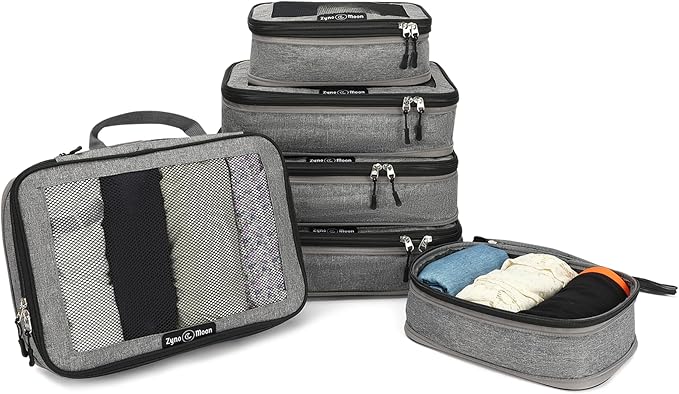 6-Piece Travel Packing Cubes Set - Lightweight Compression Bags with Durable Zippers & Mesh Panels - Space-Saving Travel Organizers for Suitcase, Backpack, Carry-On & More - Grey