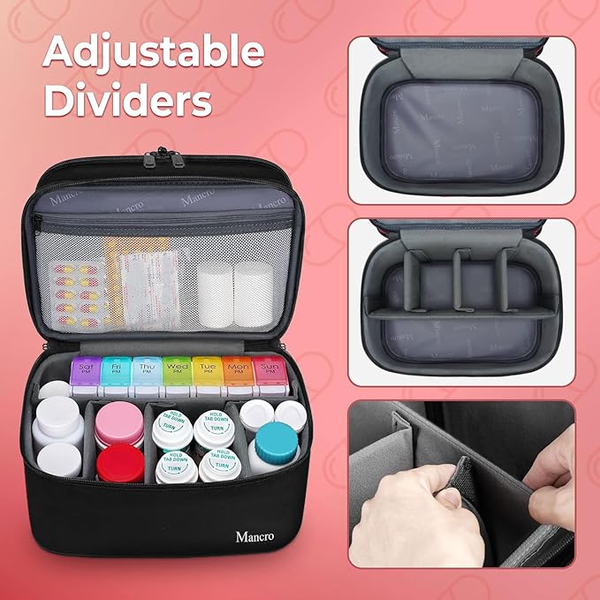 Mancro Dual Layers Medicine Organizer Bag, Pill Bottle Organizer Storage with Lockable Zipper, Medication Travel Bag for Pills, Vitamins, Medical Supplies for Home Storage, Black