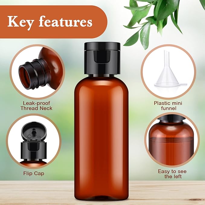 Eccliy 100 Pack 2 oz Travel Bottles Plastic Bottles with Lids Refillable Travel Size Cover Cap Plastic Liquid container for Toiletries Lotions Shampoo Creams Dispensing with 5 Funnels(Brown)