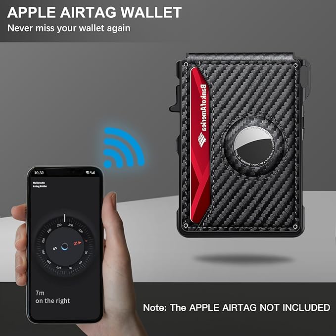 Airtag Wallet for Men, Mens Smart Wallet for Air Tag RFID Blocking, Minimalist Bifold Pop Up Aluminum Credit Card Case Holder 12+ Cards with ID Window, Gift for Men, No Airtag Included, Carbon Fiber
