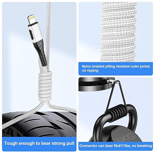 Durcord Compatible with iPhone Charger,3Pack 10FT USB A Cable for Phone Charger Cable, Fast Phone Charging Cord Compatible with Phone Xs Max/XS/XR/X/8/7/6S/6/Plus/SE/Pad(Bright Silver)
