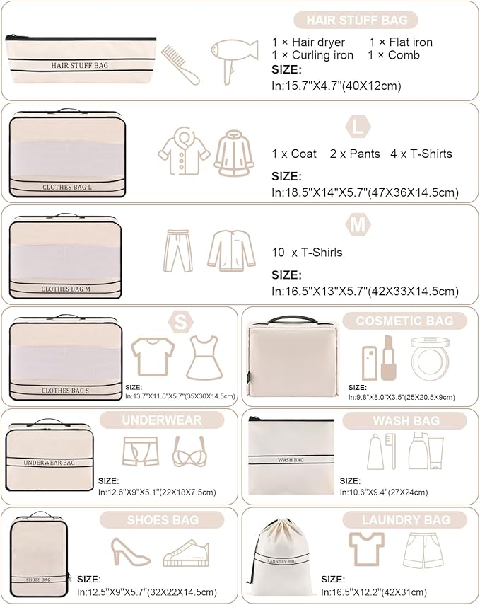 9 Set Packing Cubes Luggage Packing Organizers for Travel Accessories Space Saving Travel Bags for Carry On, Lightweight Mesh Zipper, Clothes, Shoes, Laundry and Shoe Bag, Suitcases (Cream)