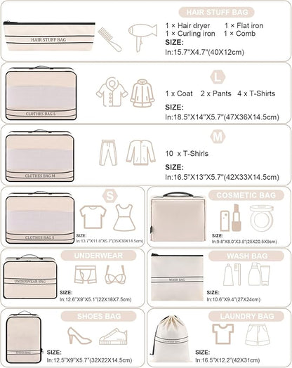 9 Set Packing Cubes Luggage Packing Organizers for Travel Accessories Space Saving Travel Bags for Carry On, Lightweight Mesh Zipper, Clothes, Shoes, Laundry and Shoe Bag, Suitcases (Cream)