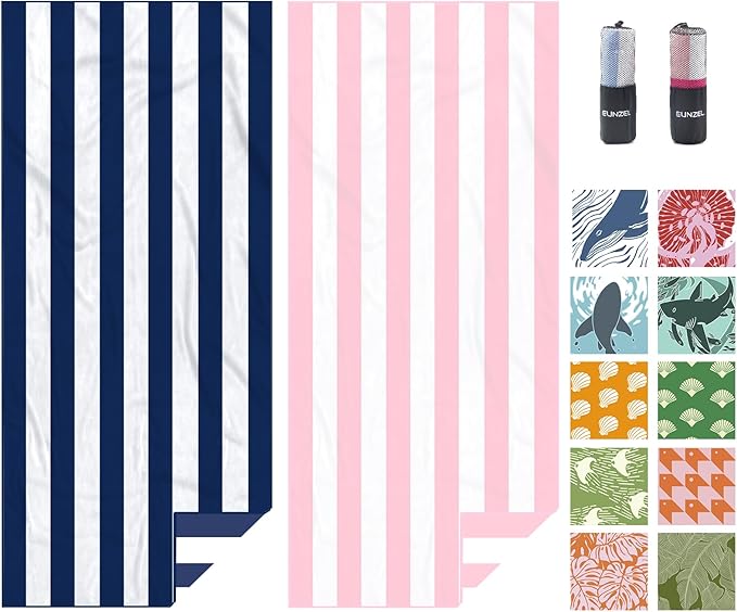 Eunzel 2 Pack Microfiber Beach Towel, Quick Dry Travel Towel Large Sand Free Towel for Beach, Camping, Swim Pool, Gym, Sports& Yoga 71"x32", Stripe Navy & Pink