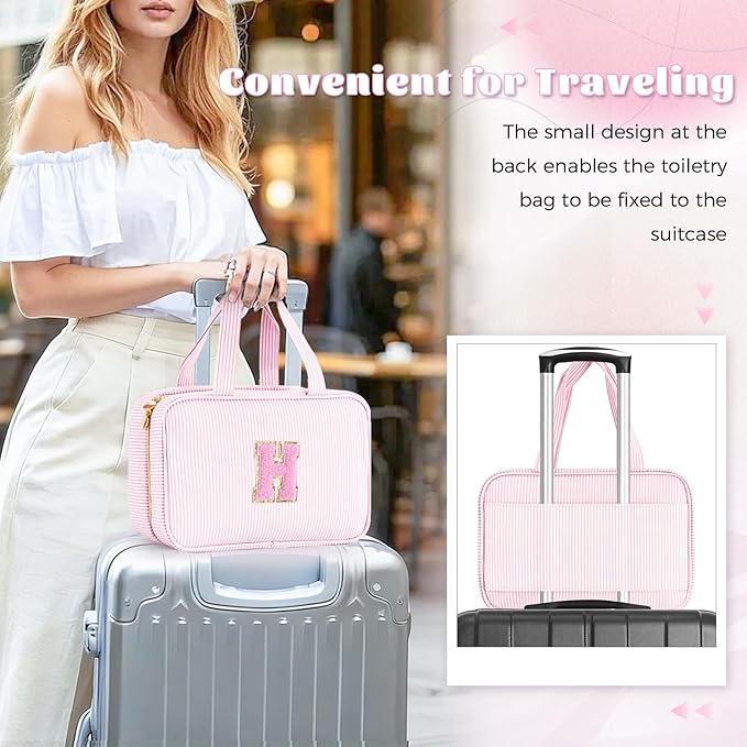 Personalized Initial Cute Toiletry Bag Pouch Make Up Bags Travel Cosmetic Makeup Bag for Girl Girlfriend Wife Teacher Mom Her 16th 17th 18th Birthday Gifts - Pink H