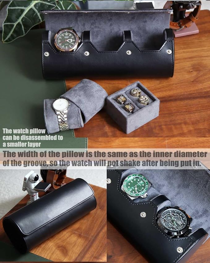 Travel Case for Watch and Cufflinks - PU Leather Organizer, Men's Storage Box, Portable Roll Set for 2 Watches - Gift