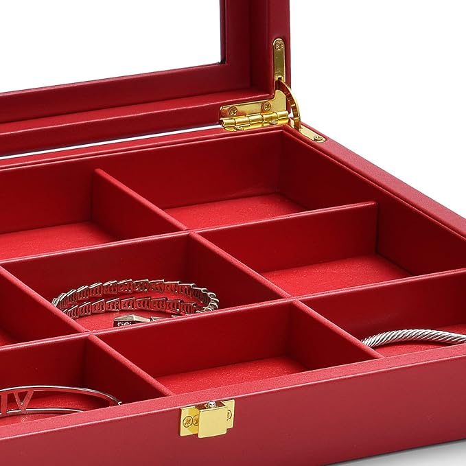 Oirlv 12 Gird Jewelry Tray with Acrylic Lid Premium Leather Jewelry Organizer Box Transparent Lid Bracelet Bangle Storage Case for Women Gift