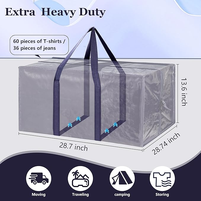 12 Pack Extra Large Heavy Duty Moving Bags with Reinforced Zipper & Wide Handles, Moisture-Resistant Storage Bins Packing Cubes for Clothes, College Dorm, Travel, and Home Organization, DarkBlue