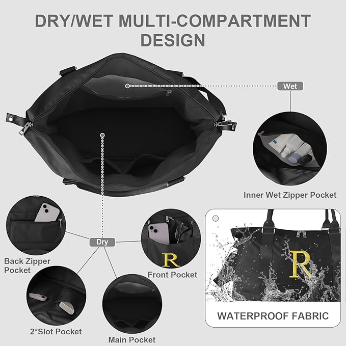 Personalized Initial Gym Dance Bag, Travel Duffel Bag for Teen Girls, Carry On Bag Overnight Weekender Bag with Trolley Sleeve, Birthday Gifts for Women Mom Daughter Graduation Gift(Letter R, Black)