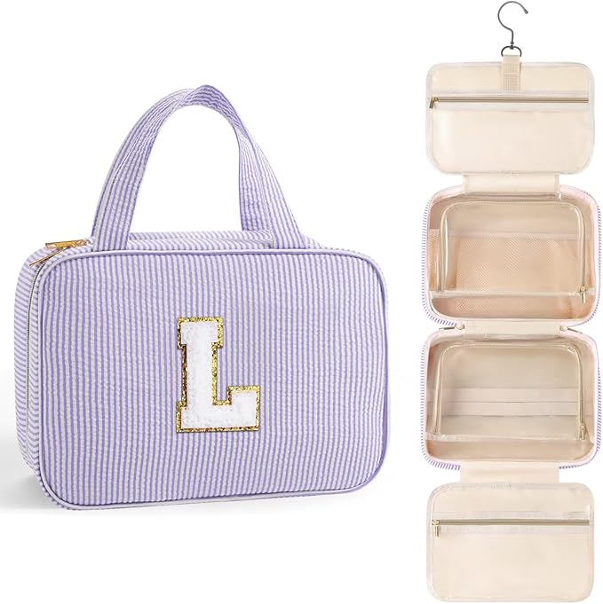 TOPEAST Christmas Gifts for Women Teen Girls Kids - Travel Hanging Toiletry Bag, Personalized Initial Toiletry Pouch, Birthday Gifts for Women Mom Daughter Sister Friends, Cruise Essentials, Purple L