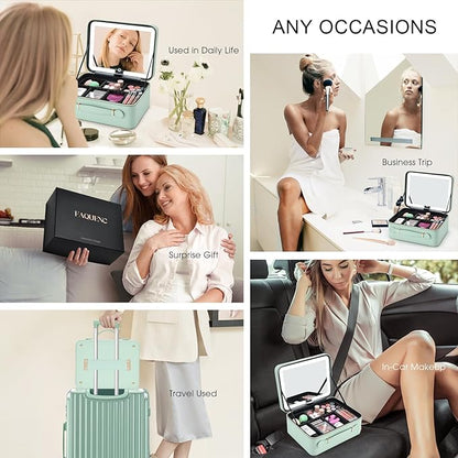 Leather Makeup Case with LED Lighted Mirror 11.4 Inch Travel Makeup Bag Adjustable Brightness in 3 Colors Cosmetic Organizer Artist Storage Bag with Dividers Brush Holder Storage Vanity Watery Blue