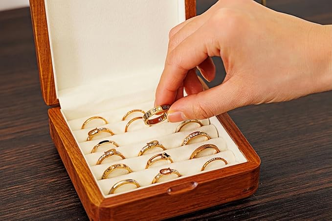 Solid Wood Ring Organizer, Walnut Jewelry Case for Multiple Rings Cufflinks Earrings Portable Travel Size Rings Case Wooden Vintage Gift for Women Valentine Mother's Day