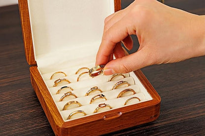 Solid Wood Ring Organizer, Walnut Jewelry Case for Multiple Rings Cufflinks Earrings Portable Travel Size Rings Case Wooden Vintage Gift for Women Valentine Mother's Day