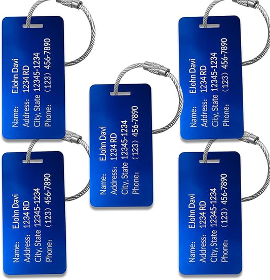 (5pack Made in USA) Personalized Luggage Tags-Custom Metal Luggage Tags for Suitcases, Backpacks Bags Handbags (Blue (3.8×2))