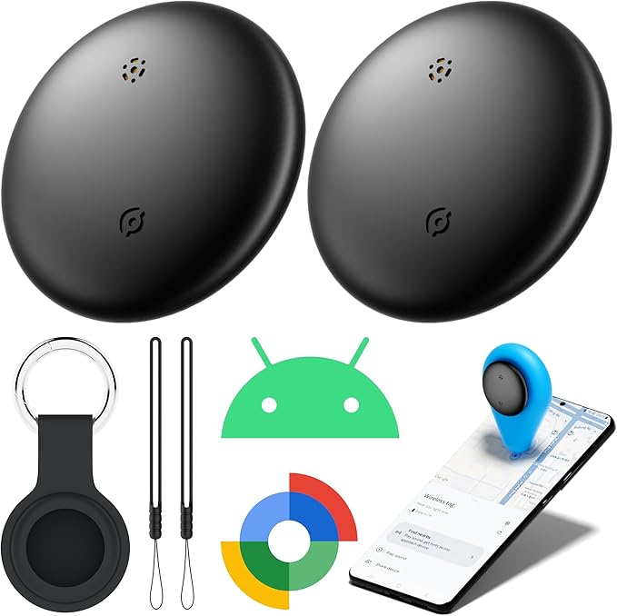 Air Tracker Tags-2 Pack for Android with Case- Bluetooth Tracker Item Finder for Key, Wallet, Luggage - Works with Google Find Hub, IP66 Waterproof, Smart Tag for Android & Samsung Phones(Black)