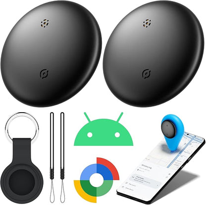 Air Tracker Tags-2 Pack for Android with Case- Bluetooth Tracker Item Finder for Key, Wallet, Luggage - Works with Google Find Hub, IP66 Waterproof, Smart Tag for Android & Samsung Phones(Black)