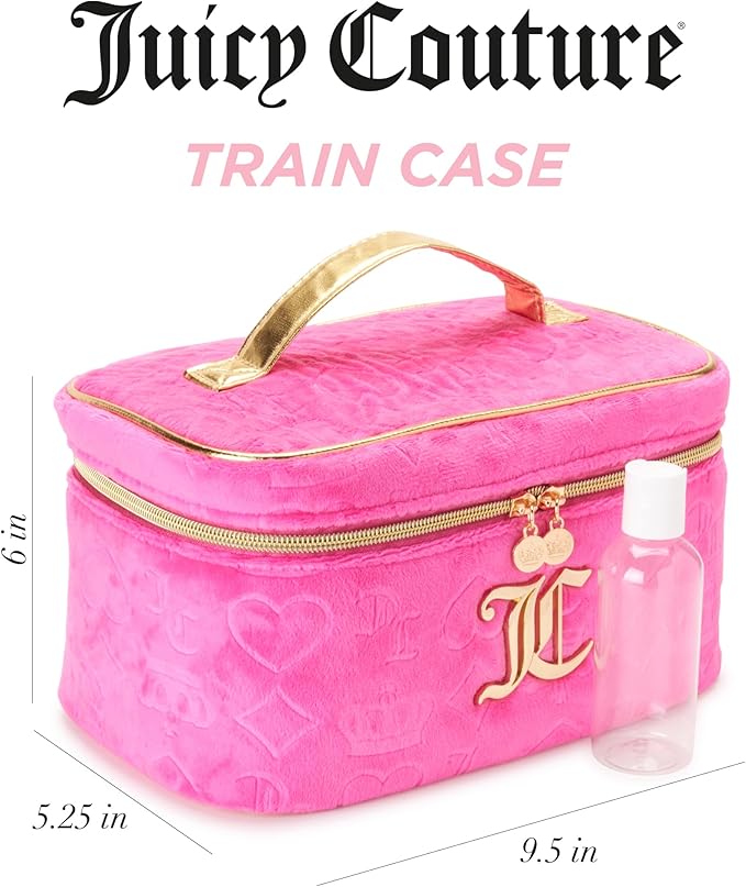 Juicy Couture Hot Pink Makeup Bag Cosmetics Organizer Travel Essentials Train Case Velour Heart Crown