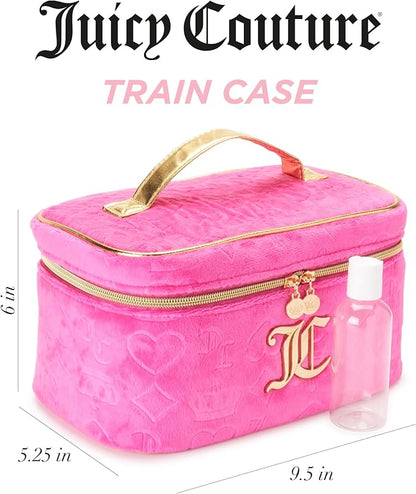 Juicy Couture Hot Pink Makeup Bag Cosmetics Organizer Travel Essentials Train Case Velour Heart Crown