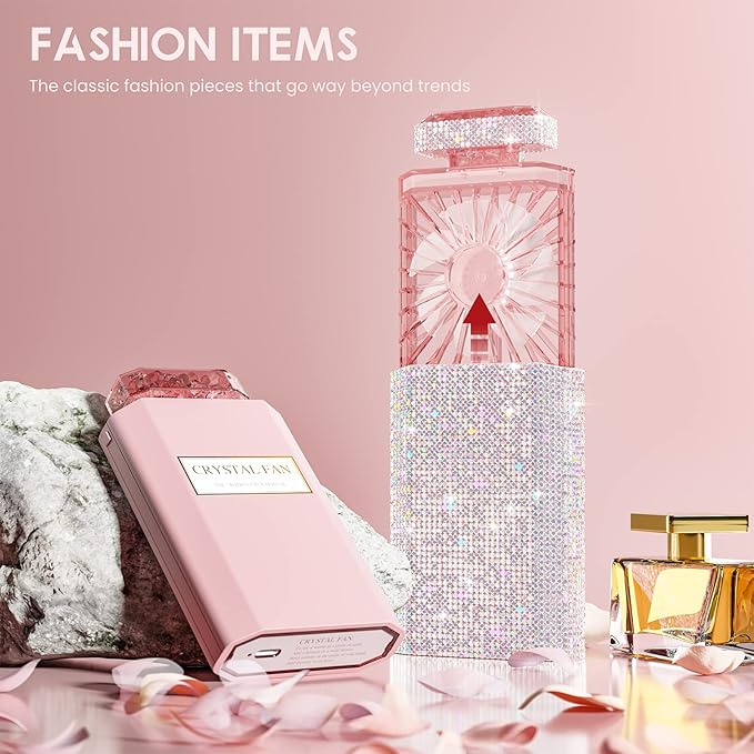 LIGHTDESIRE DIY Bling Crystal Rhinestones Handheld Fan, Mini Personal Cooler, Cooling Small Fans Rechargeable 3 Speeds Mode with Crystal Rhinestones Sticker Sheet(Pink Fan with DIY Diamon)- V1