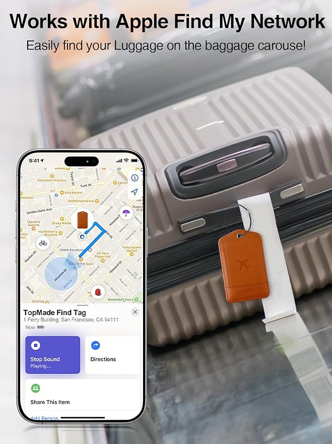 TopMade Smart Luggage Tag with Find My, Premium Leather Luggage Tags for Suitcase, Travel Bags, Backpacks, Anti-Lost Suitcase Tag Tracker for Travel with Privacy Name Card, Rechargeable