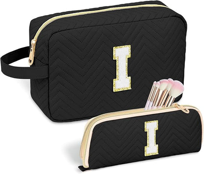 Personalized Initial Makeup Bag Trendy Stuff Leather Waterproof Cosmetic Bag Travel Toiletry Bag, Christmas/Thanksgiving/Halloween Gifts Makeup Organizer Case for Women Girls Mom Girlfriend Wife