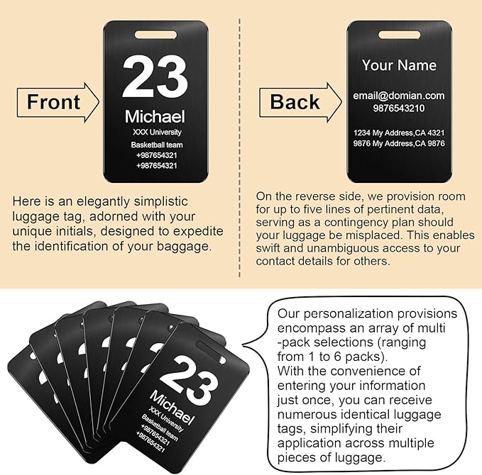 Customized Stainless Steel Luggage Tags: Personalize Your Suitcases, Backpacks, and Bags with Your Text - Custom Initial Text Name ID,Number 2"x3.3"(3 Pack)
