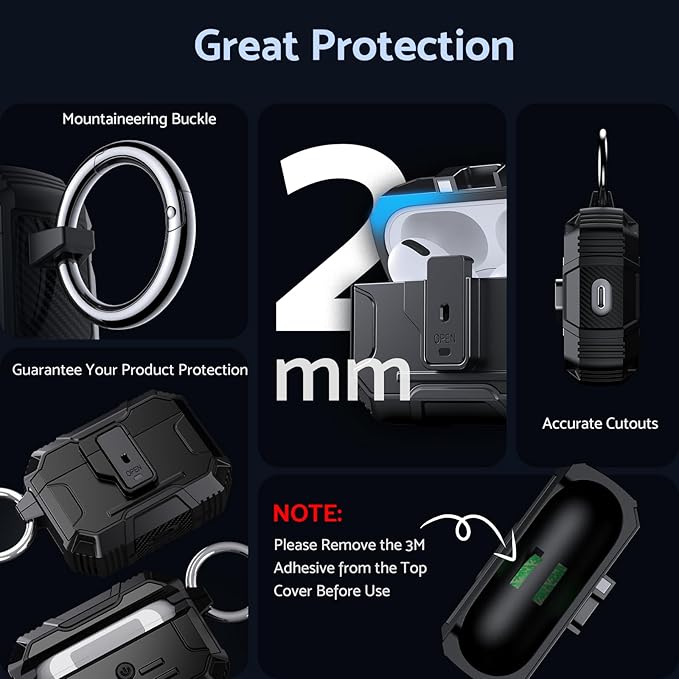 DASFOND Armor Earphone Cover Case for Airpods Pro 2, Military Grade Full Body Shockproof Protection Hard Case, Support Wireless Charging with Keychain, Magnetic Lid, Front LED Visible, Black