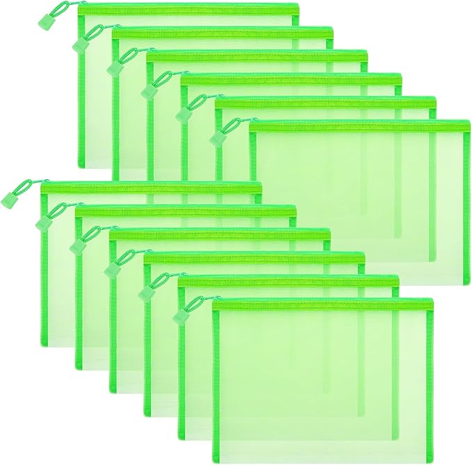 12 Pieces Zipper Nylon Mesh Pouch, Mesh Cosmetic Bags Makeup Bags Pencil Case, Multipurpose Travel Bags for Cosmetic School Office Supplies and Travel Accessories (Green, A5)