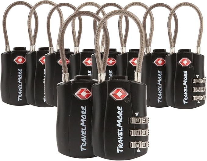 TravelMore 10 Pack TSA Approved Travel Combination Cable Luggage Locks for Suitcases - Orange (10 Pack, Black)