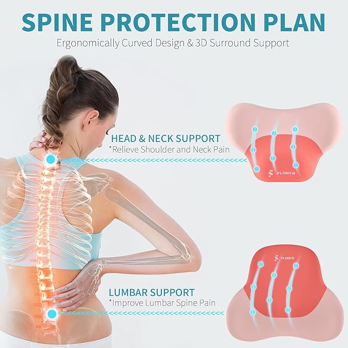 FLORICH Seat Cushion and Lumbar Support Pillow for Office Chair Car Neck Headrest Pillow 100% Memory Foam Seat Pads Pressure Relief Back Cushion and Carseat Pads(Pink)