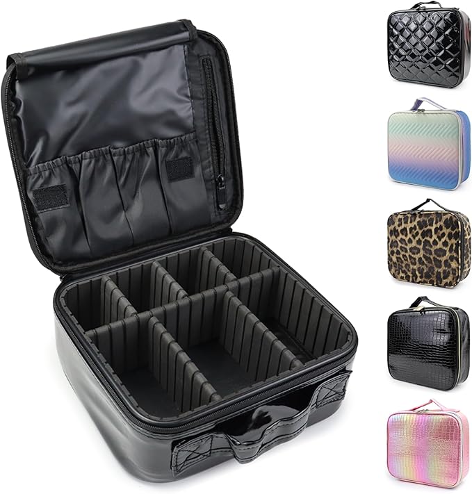 Travel Makeup Train Case Cosmetic Case Organizer Portable Artist Storage Bag with Adjustable Dividers for Cosmetics Makeup Brushes Toiletry Jewelry Digital Accessories (Black)