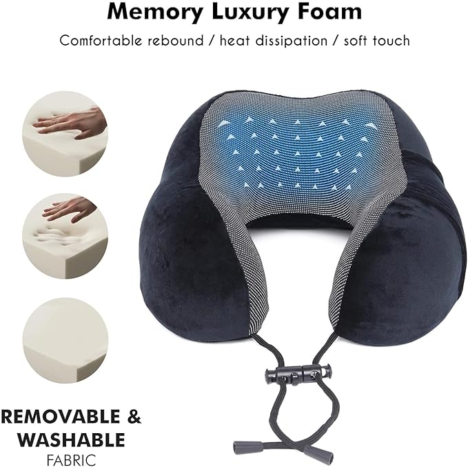 Airplane Travel Neck Pillow, 100% Memory Foam Ergonomic Neck Support, Airplanes Neck Pillow with Washable Cover Travel Essential for Flight & Office Include Eye Mask, Earplugs & Carry Bag (Black)