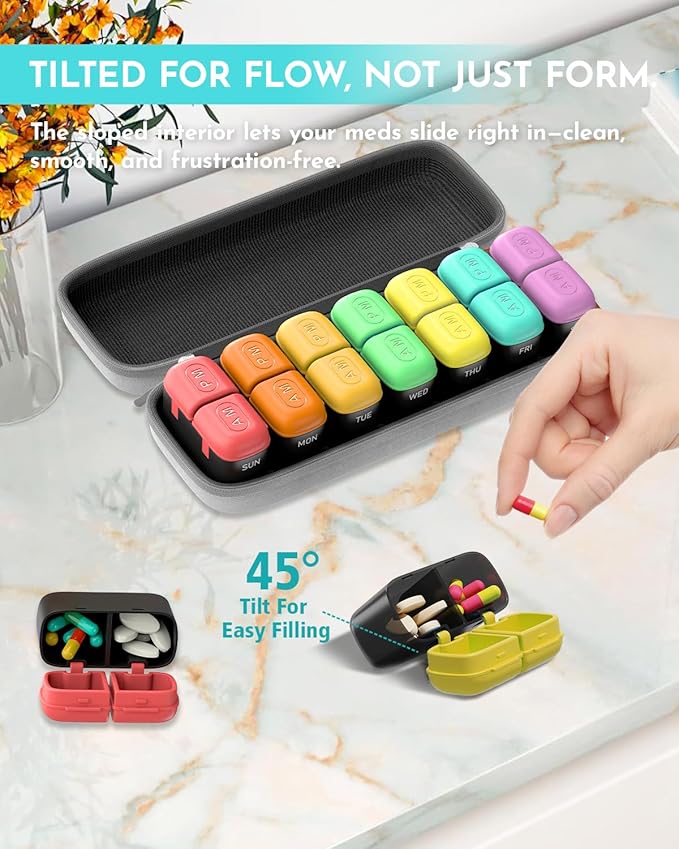 Weekly Pill Organizer 2 Times a Day, 7 Day Travel Medicine Pill Organizer with Moisture-Proof Silicone Lid, AM PM Daily Pill Bottle for Vitamins & Supplements, Pocket-Size Pill Case(Rainbow)