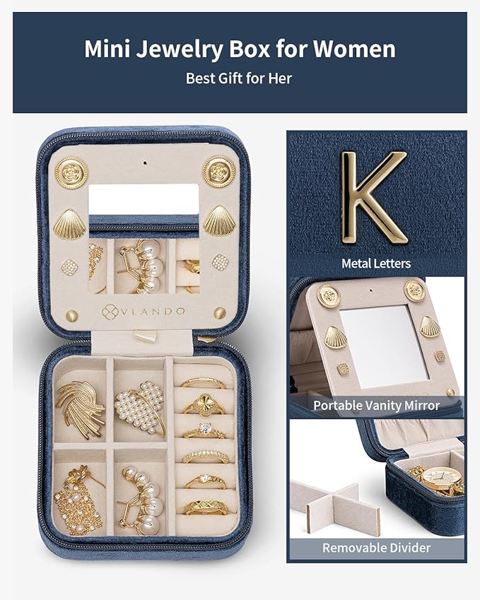 Vlando Preppy Stuff Jewelry Holder Organizer, Preppy School Supplies for Teens Girl Gifts Trendy Stuff, Preppy Jewelry Travle Case, Birthday Gifts for Daughers - Letter K, Dark Blue