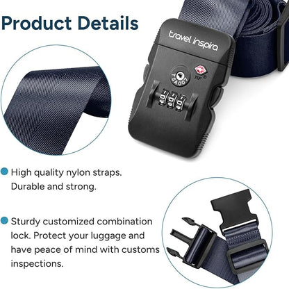 Travel Inspira Luggage Straps - TSA Approved Travel Luggage for Suitcases, Adjustable Suitcase Belt Spot Luggage, Personalized Tags Name ID Card (Navy Blue)