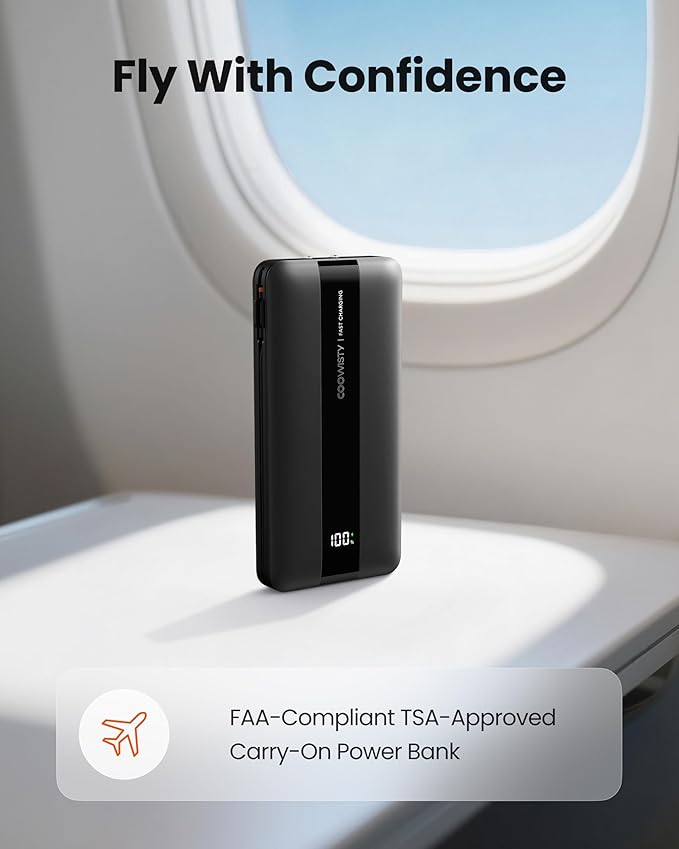 Portable Charger with Wall Plug, Fast Charging Power Bank Built-in Cables, Slim 10500mAh 22.5W 4 Outputs 3 Inputs LED Display External Battery Pack Compatible with iPhone/Android (Black)