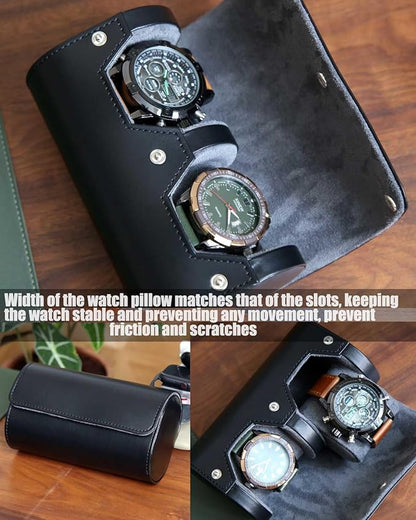 Premium Leather Travel Case, Variable Size Pillow Design, Roll Organizer for Men and Women, Black 2 Slot Portable Storage Box With Faux Suede Fabric Lining